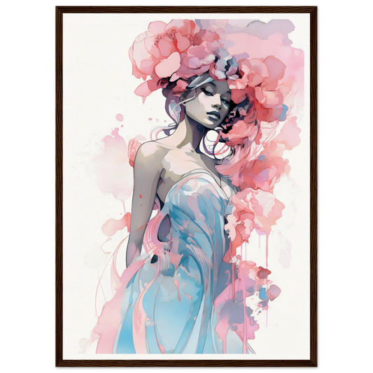 Watercolor-style painting of a woman with pink floral elements in her hair and a flowing blue dress.