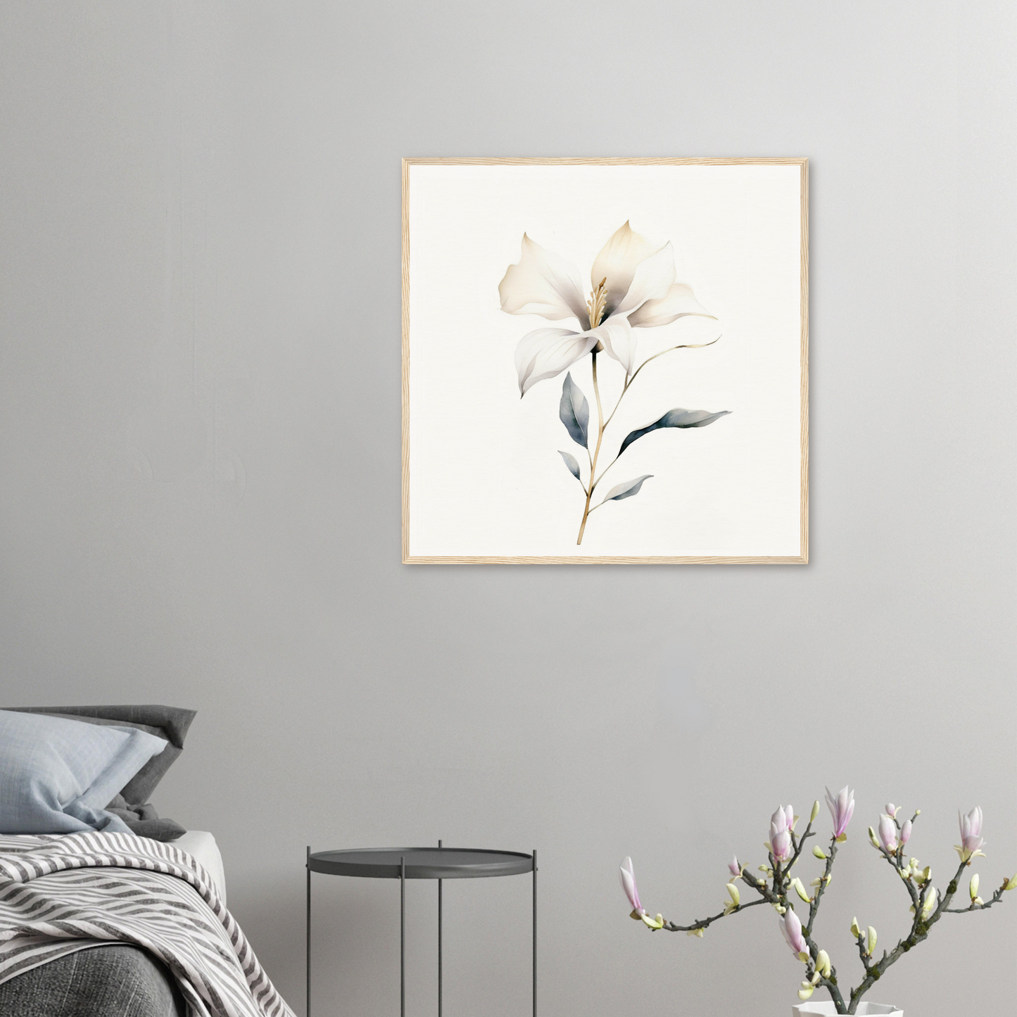 Framed watercolor painting of a delicate white flower with leaves.