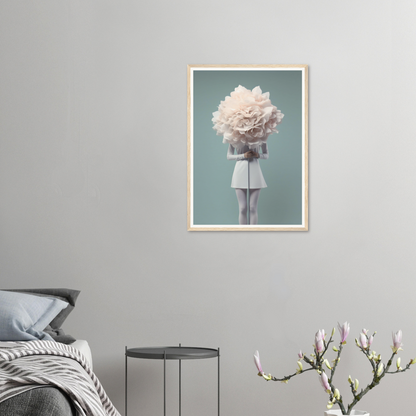 Framed surrealist artwork depicting a figure with a giant white flower in place of their head.