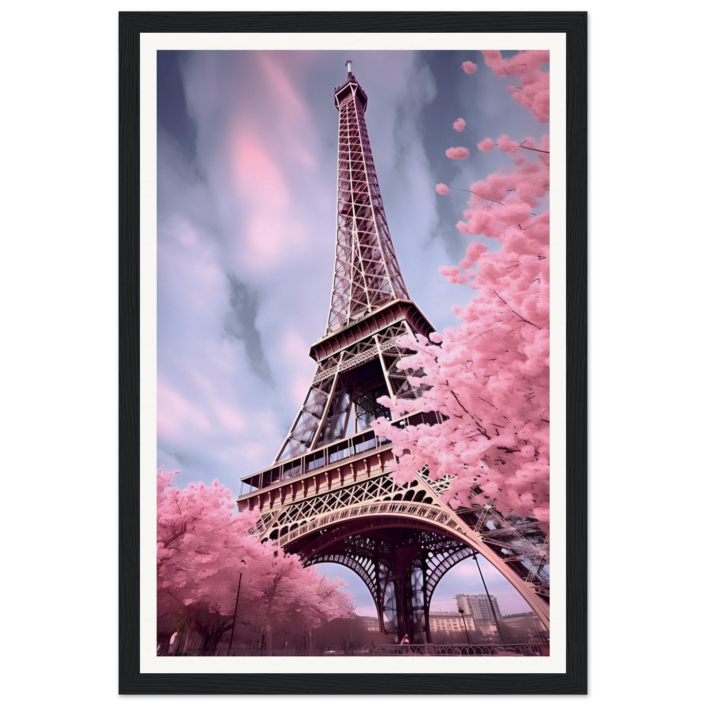 Eiffel Tower surrounded by pink cherry blossom trees.