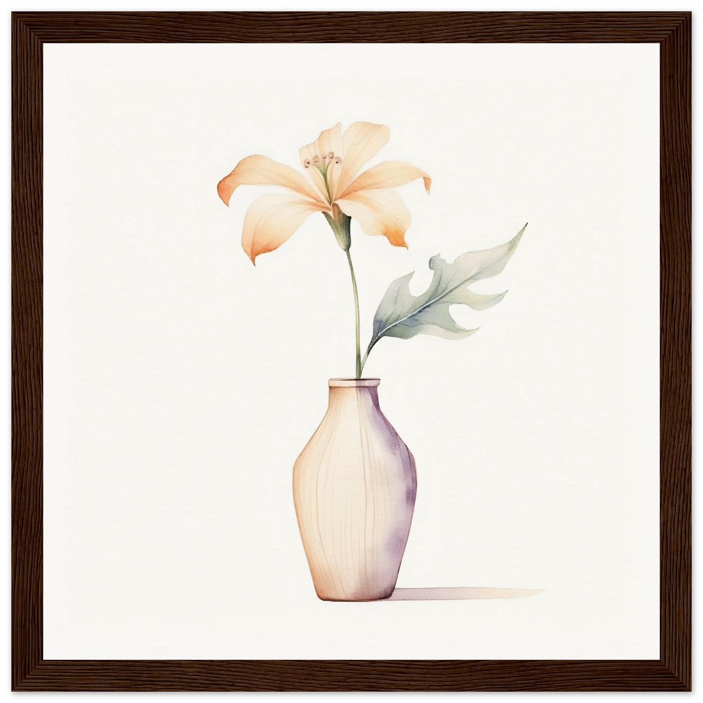 Delicate peach-colored lily in a simple white vase.