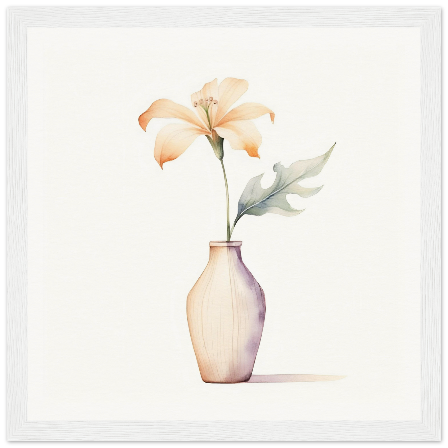 Pale vase containing a single peach-colored lily with a green leaf.