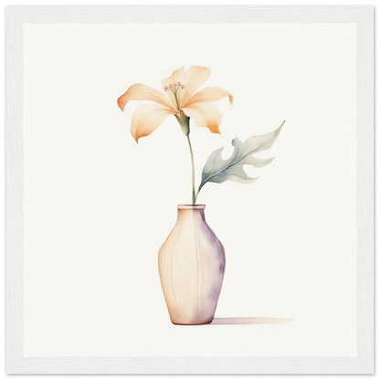 Pale vase containing a single peach-colored lily with a green leaf.