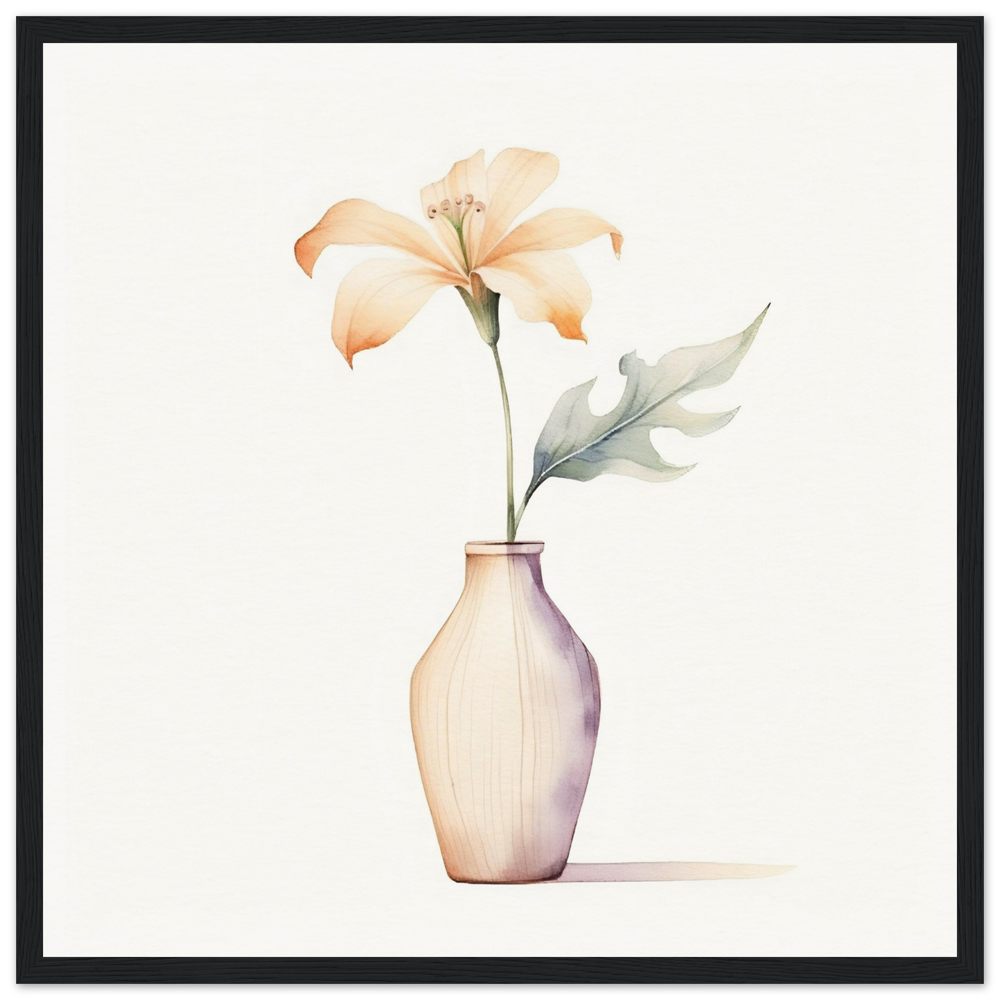 Delicate flower in a pale vase with soft, peach-colored petals and a single leaf.