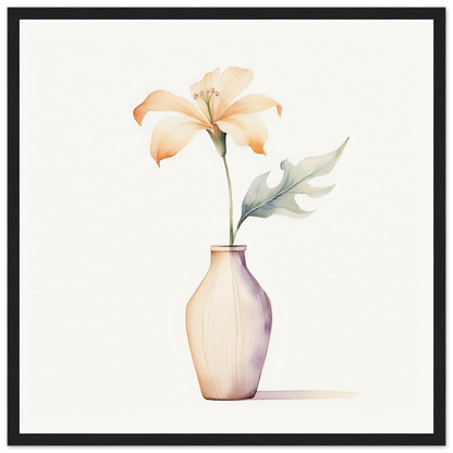 Delicate flower in a pale vase with soft, peach-colored petals and a single leaf.