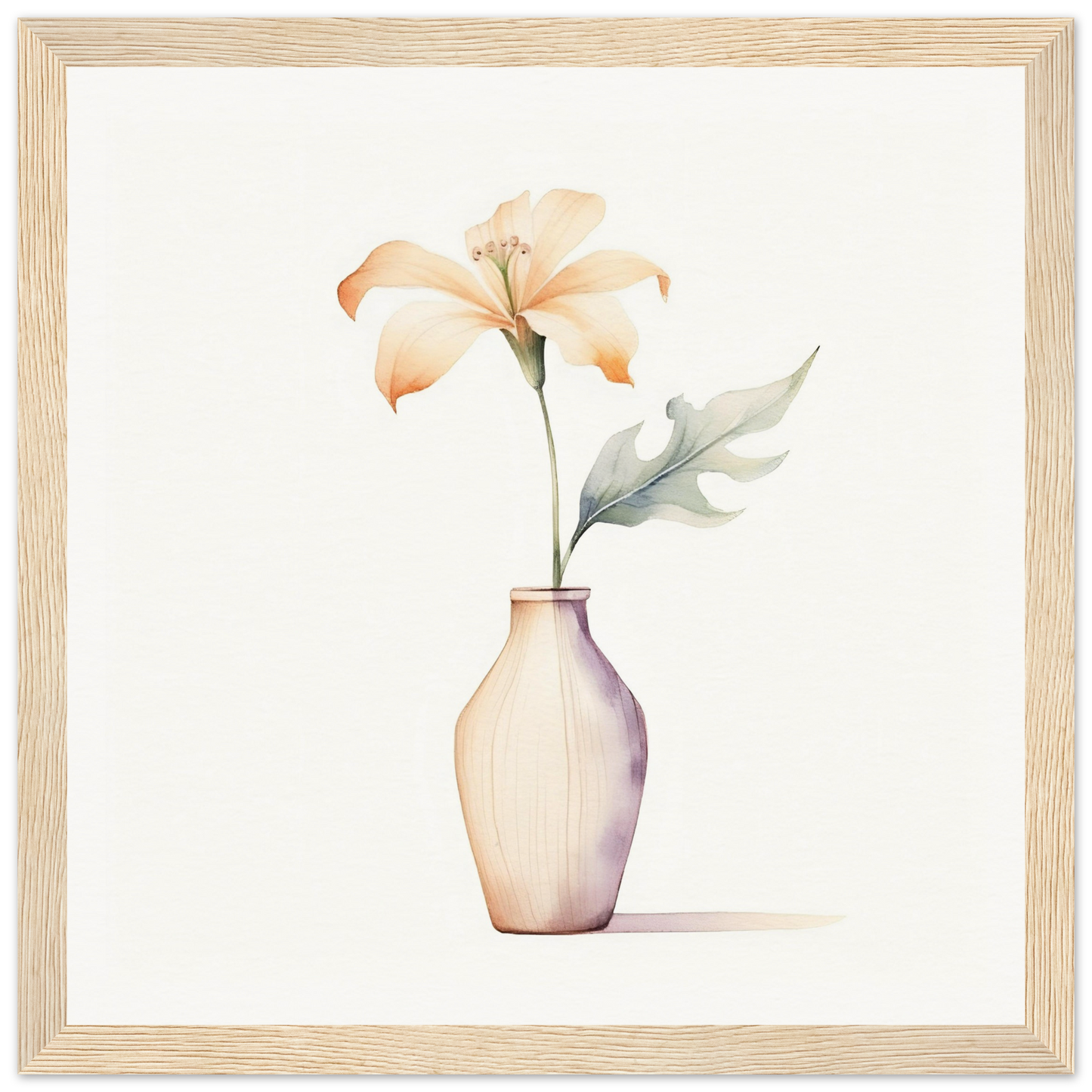 Pale vase containing a single delicate lily flower with a leaf.