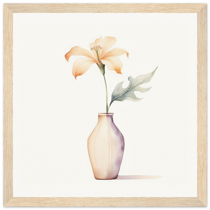 Pale vase containing a single delicate lily flower with a leaf.