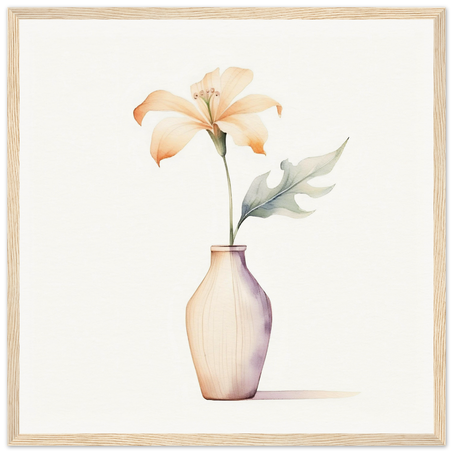 Delicate flower in a pale vase with soft, peach-colored petals and a single leaf.