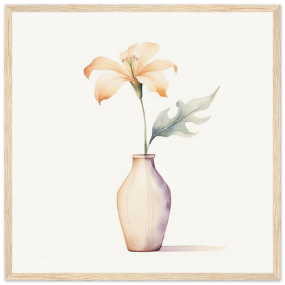 Delicate flower in a pale vase with soft, peach-colored petals and a single leaf.