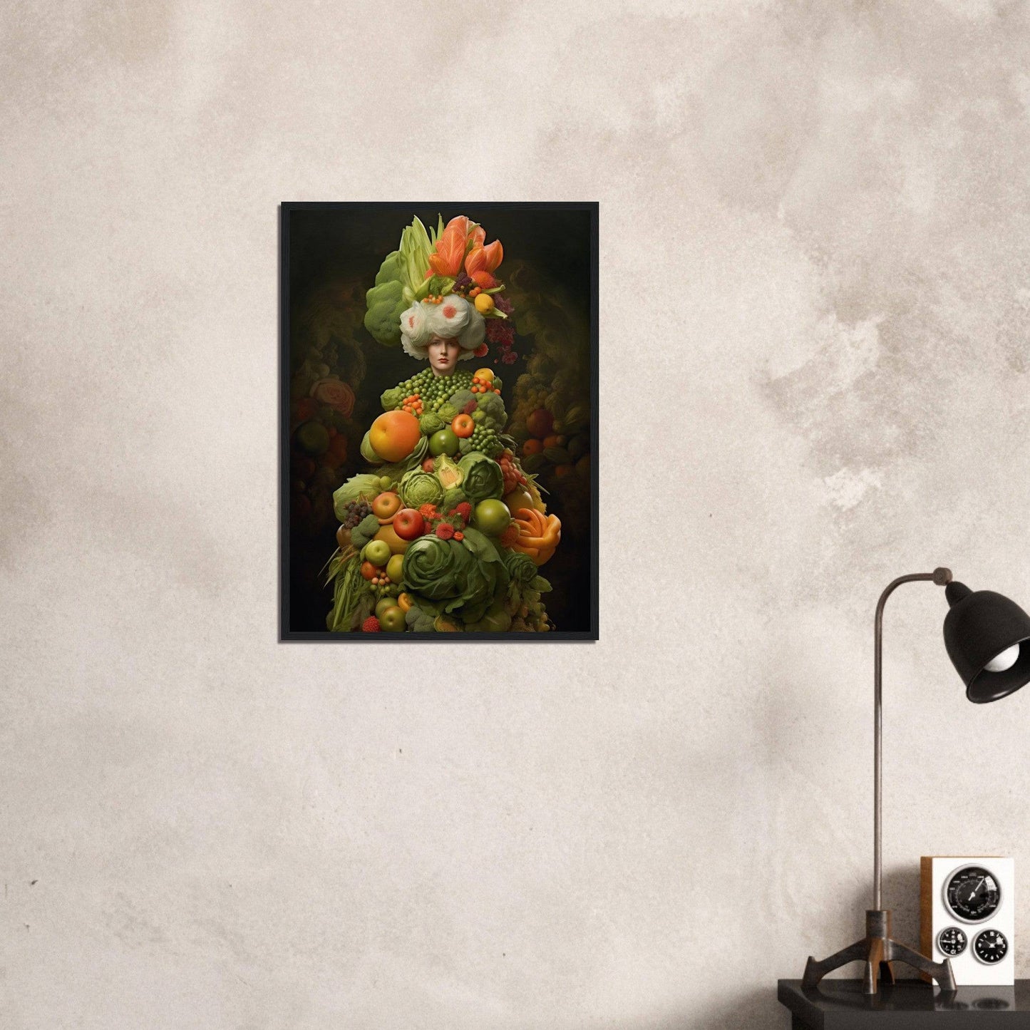 Surreal portrait composed entirely of colorful fruits and vegetables arranged to resemble a human figure.