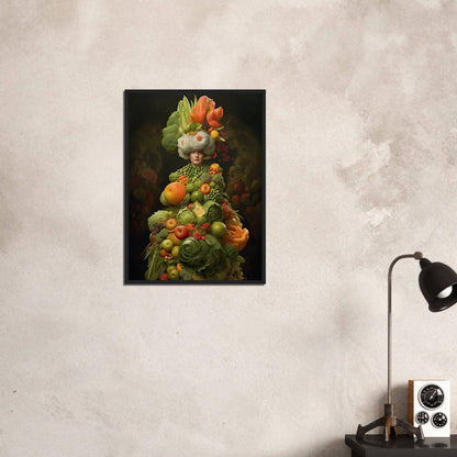 Surreal portrait composed entirely of colorful fruits and vegetables arranged to resemble a human figure.