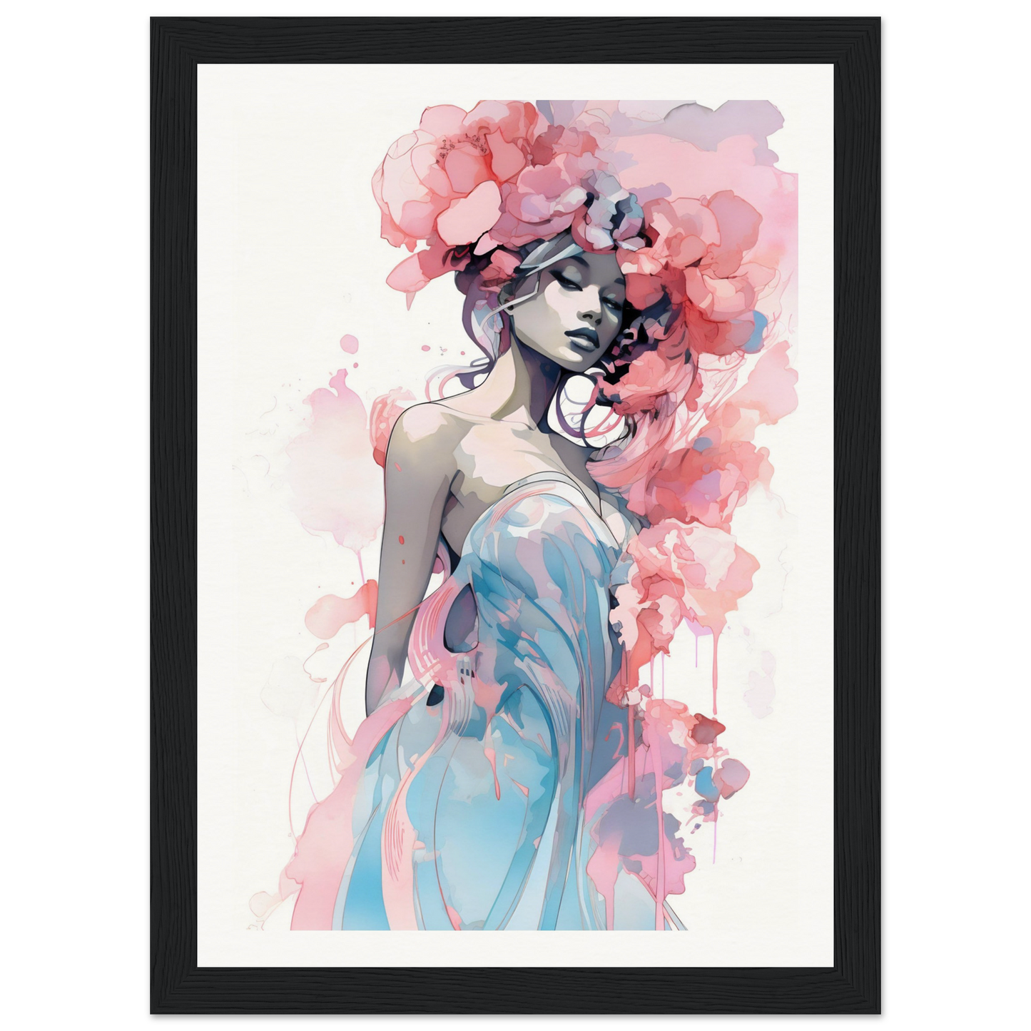 Watercolor-style painting of a figure adorned with pink flowers and wearing a blue dress.