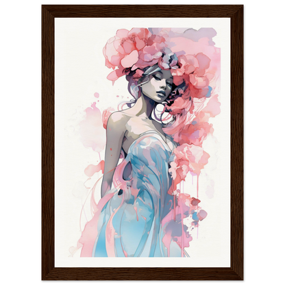 Watercolor painting of a woman with pink flowers in her hair, wearing a blue dress.