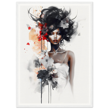 Artistic portrait of a woman with flowing black hair and abstract floral elements.