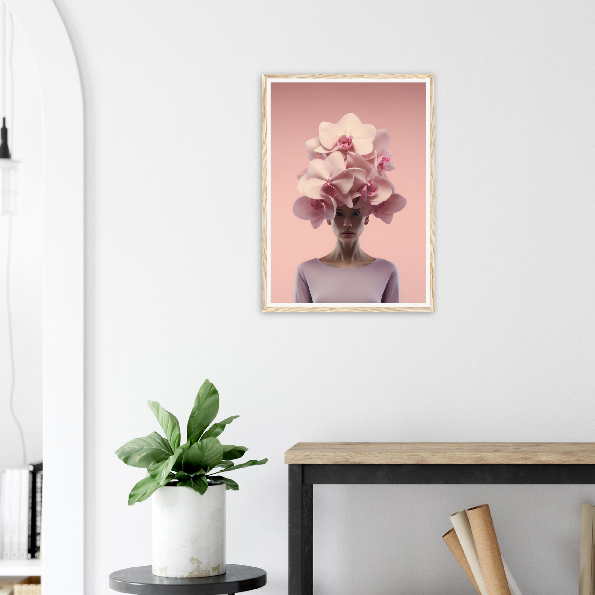 Framed surrealist artwork depicting a figure with a blooming flower in place of their head.