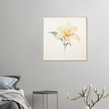 Delicate watercolor painting of a single yellow lily flower with stem and leaves.