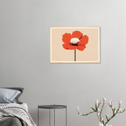 Framed artwork depicting a single red poppy flower with a black stem against a light background.