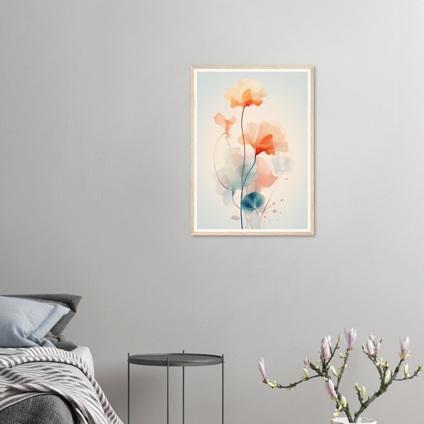 Framed watercolor painting of delicate orange flowers with blue stems.