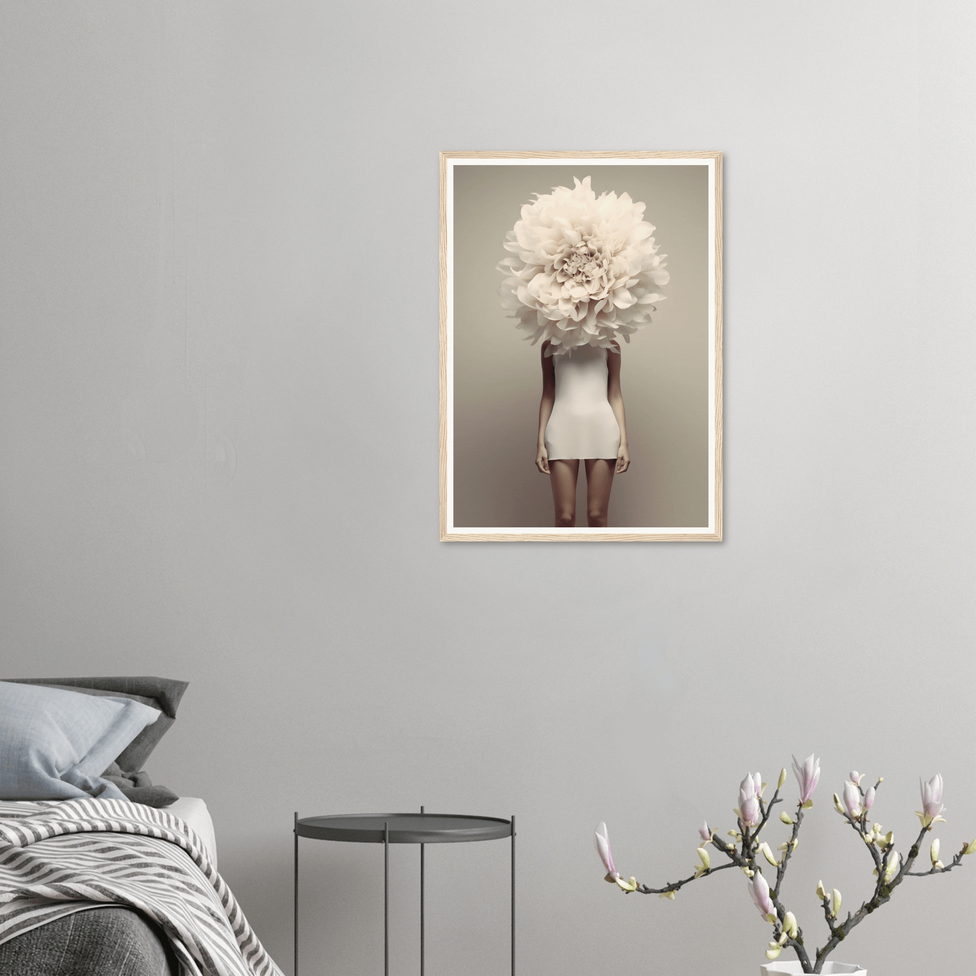 Framed surrealist photograph of a figure with a giant white flower obscuring their head and upper body.