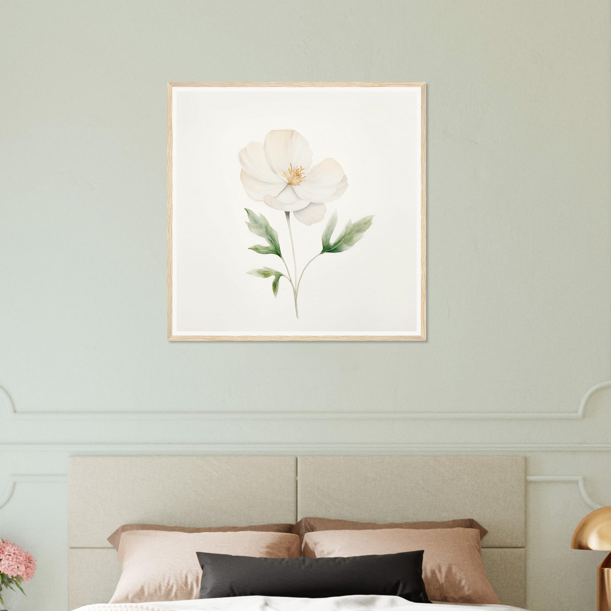 Delicate watercolor painting of a single white flower with green leaves in a simple frame.