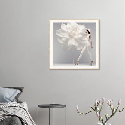 Framed artwork depicting a dancer merged with a white flower in a surreal composition.