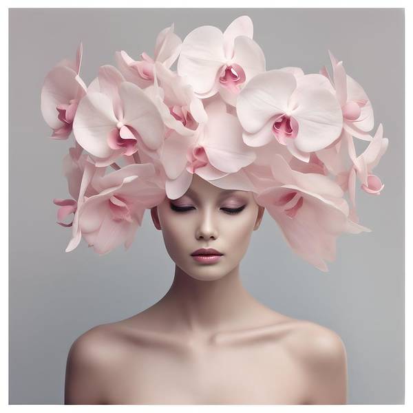 Elegant floral headdress made of pale pink orchids adorning a person’s head.