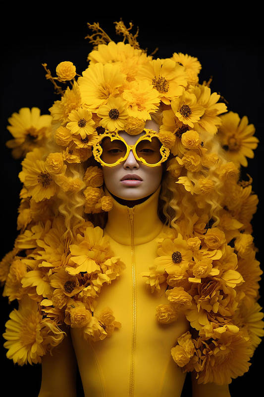 Figure adorned entirely in vibrant yellow sunflowers and wearing sunflower-shaped sunglasses.