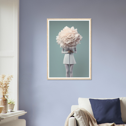 Framed surrealist artwork depicting a figure with a giant white flower as a head.