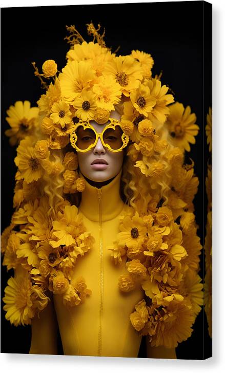 Figure covered in vibrant yellow flowers wearing round sunglasses.