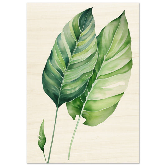 Watercolor painting of tropical green leaves with prominent veins and stems.