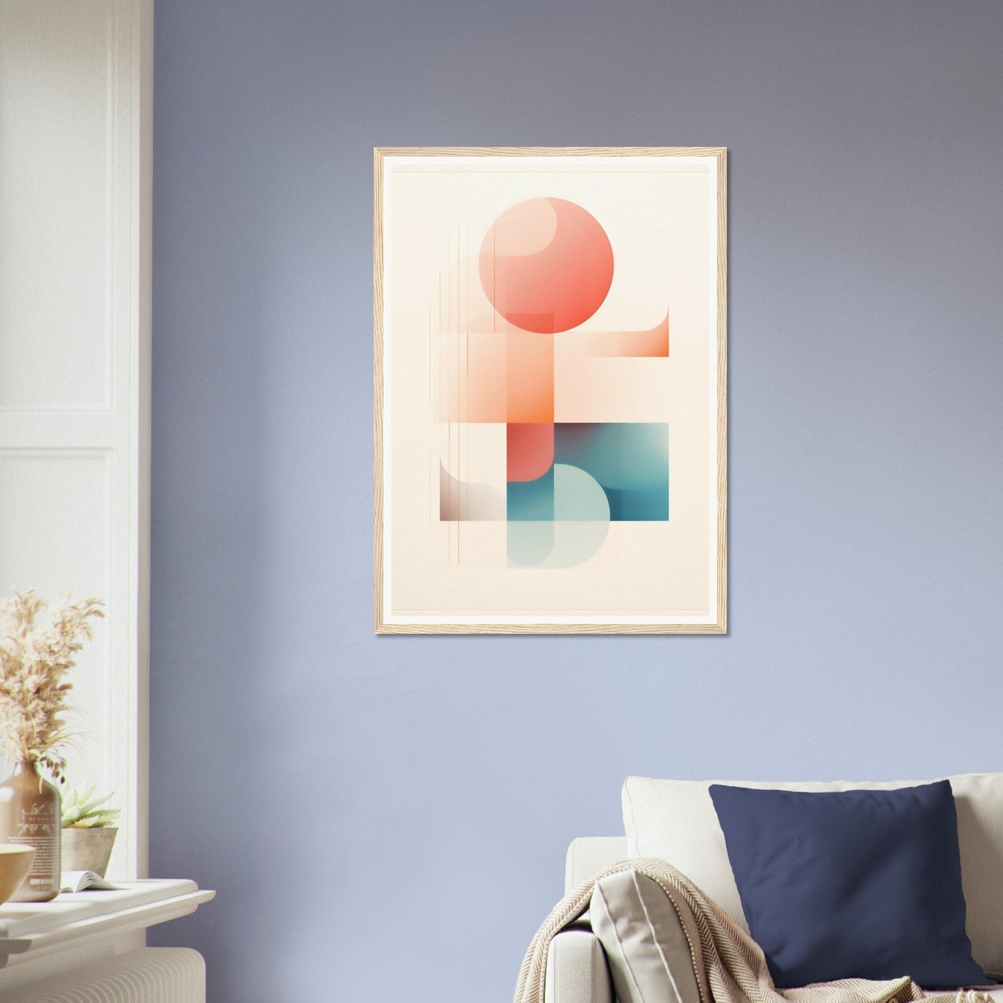 Abstract geometric artwork featuring a red circle and teal semicircle on a pale background.