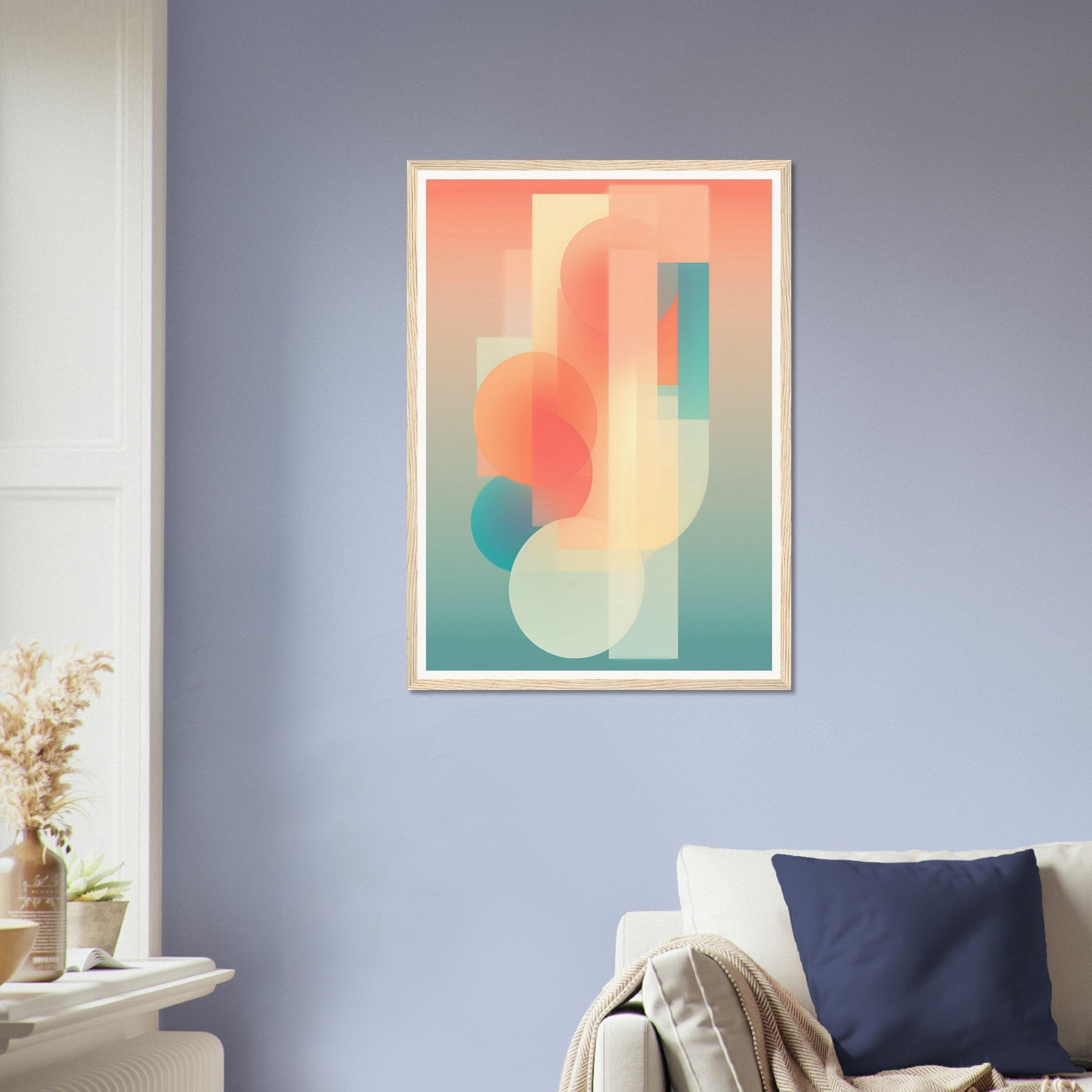 Abstract geometric artwork featuring soft pastel shapes and gradients in coral, teal, and cream tones.