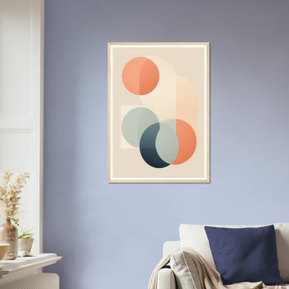 Abstract geometric art print featuring overlapping circles in muted orange and teal tones.