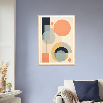 Abstract geometric artwork featuring circles, semicircles, and rectangles in muted pastel colors.