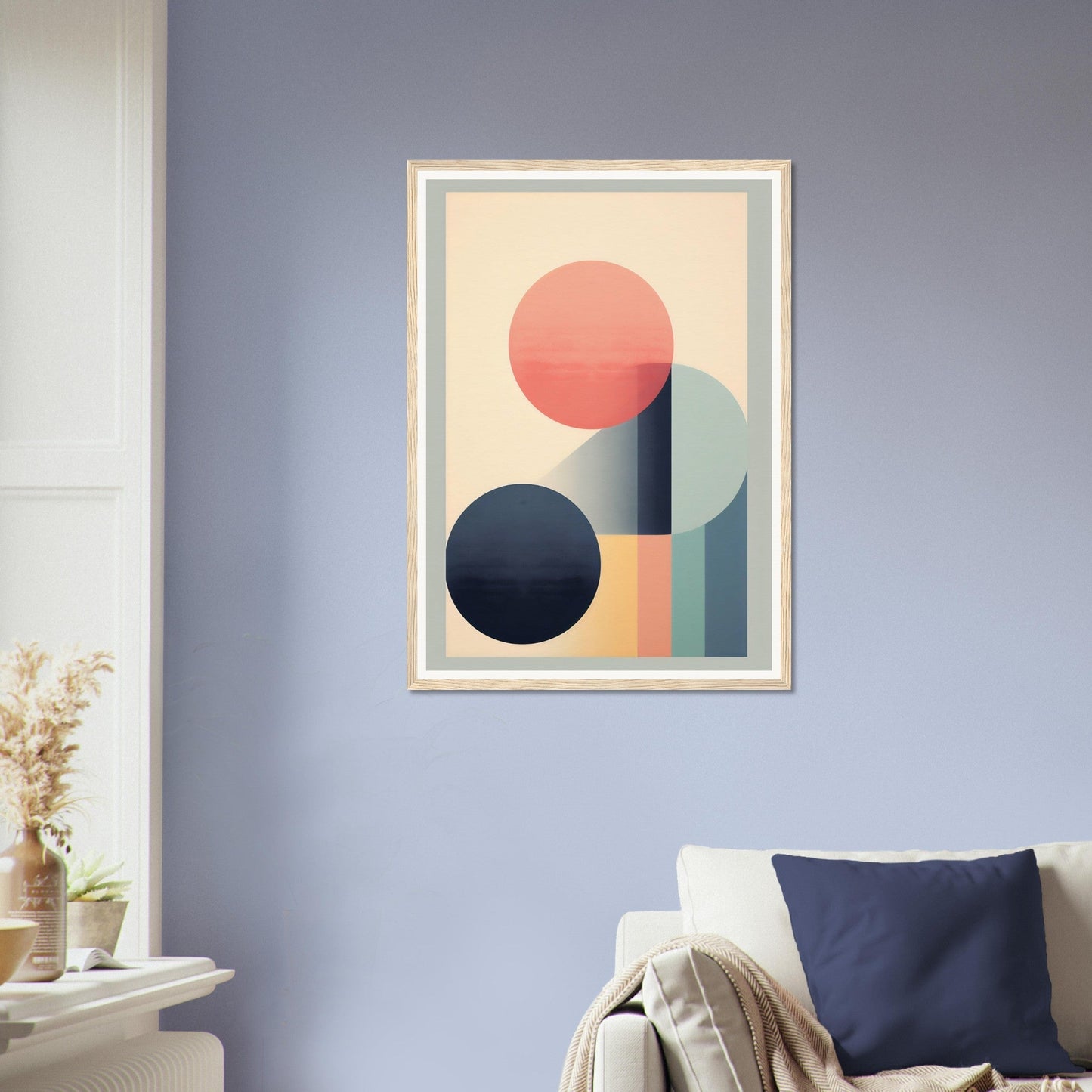 Abstract geometric art print featuring circles and rectangular shapes in muted pastel colors.