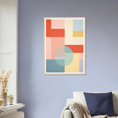 Abstract geometric artwork featuring colorful shapes and blocks in pastel tones.