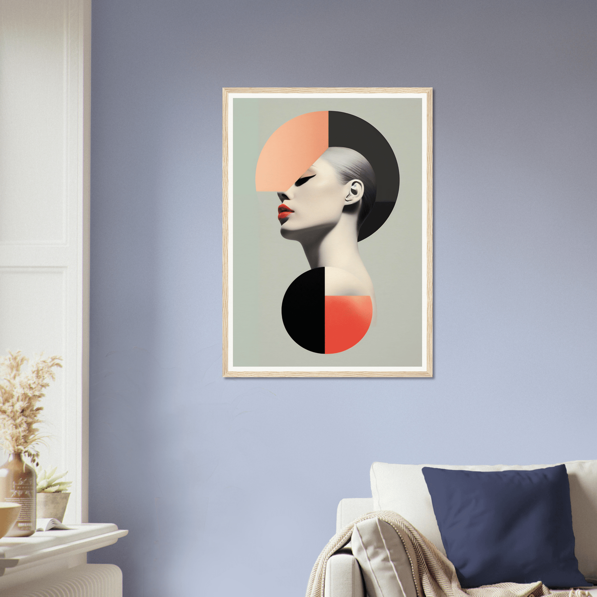 Abstract portrait featuring geometric shapes and a stylized profile with red lips.