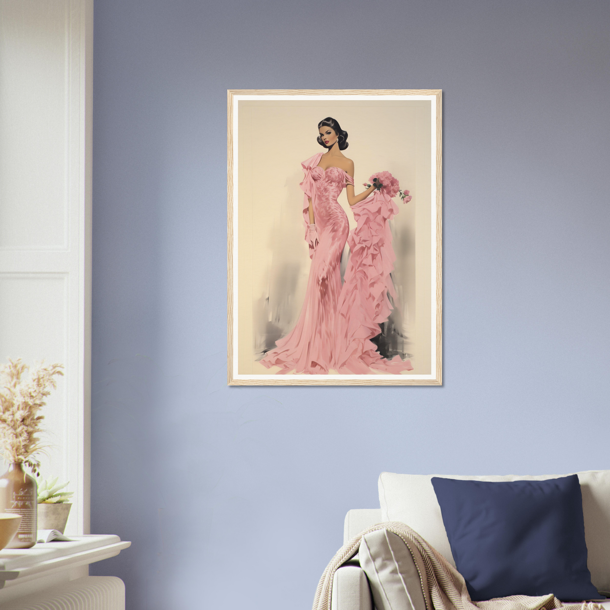 Framed vintage-style portrait of a woman in a flowing pink gown with floral embellishments.