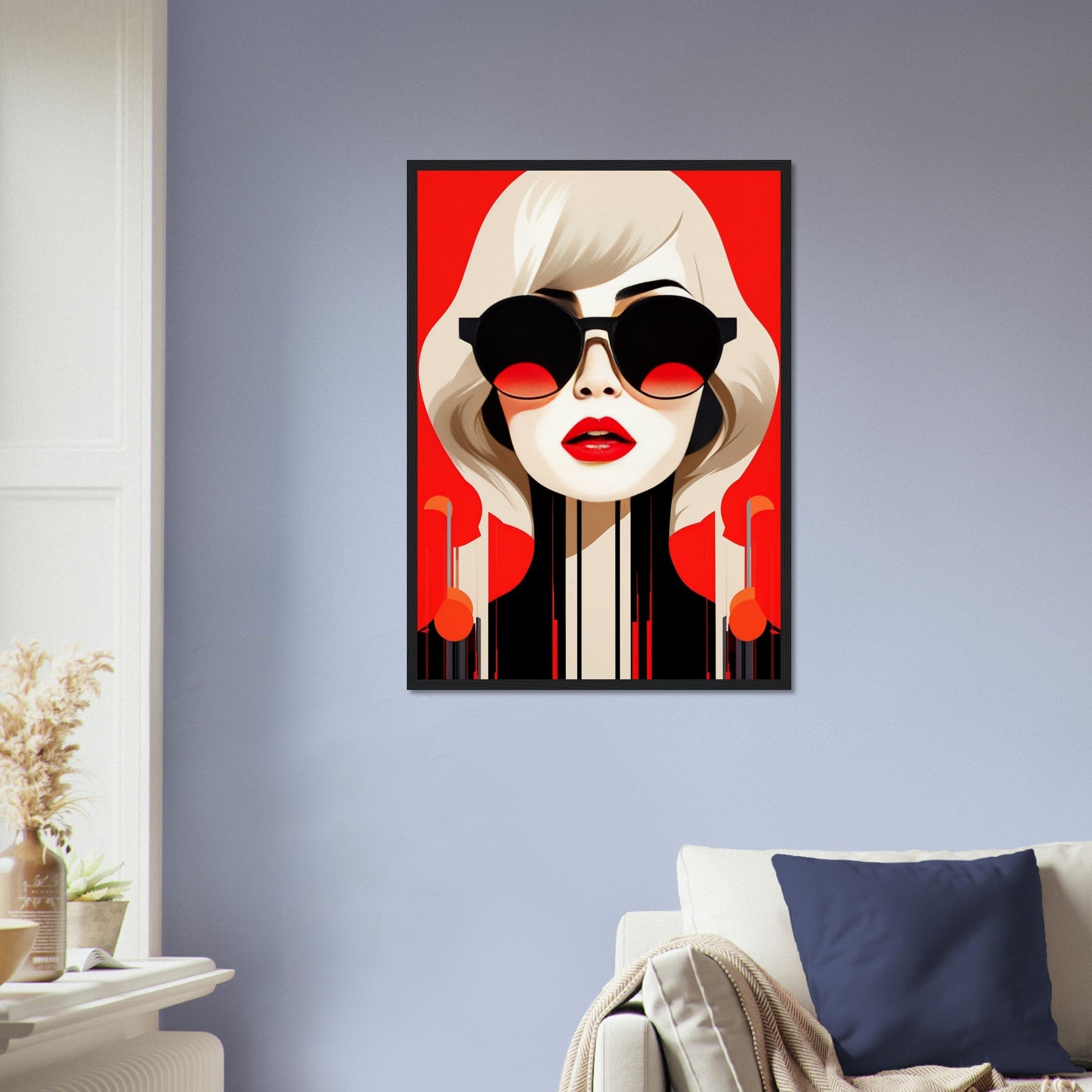 Stylized pop art portrait of a woman with sunglasses and red lips against a vibrant red background.