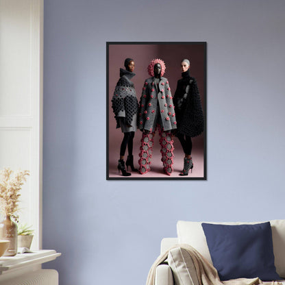 Framed photograph of three people modeling stylish coats and outfits.