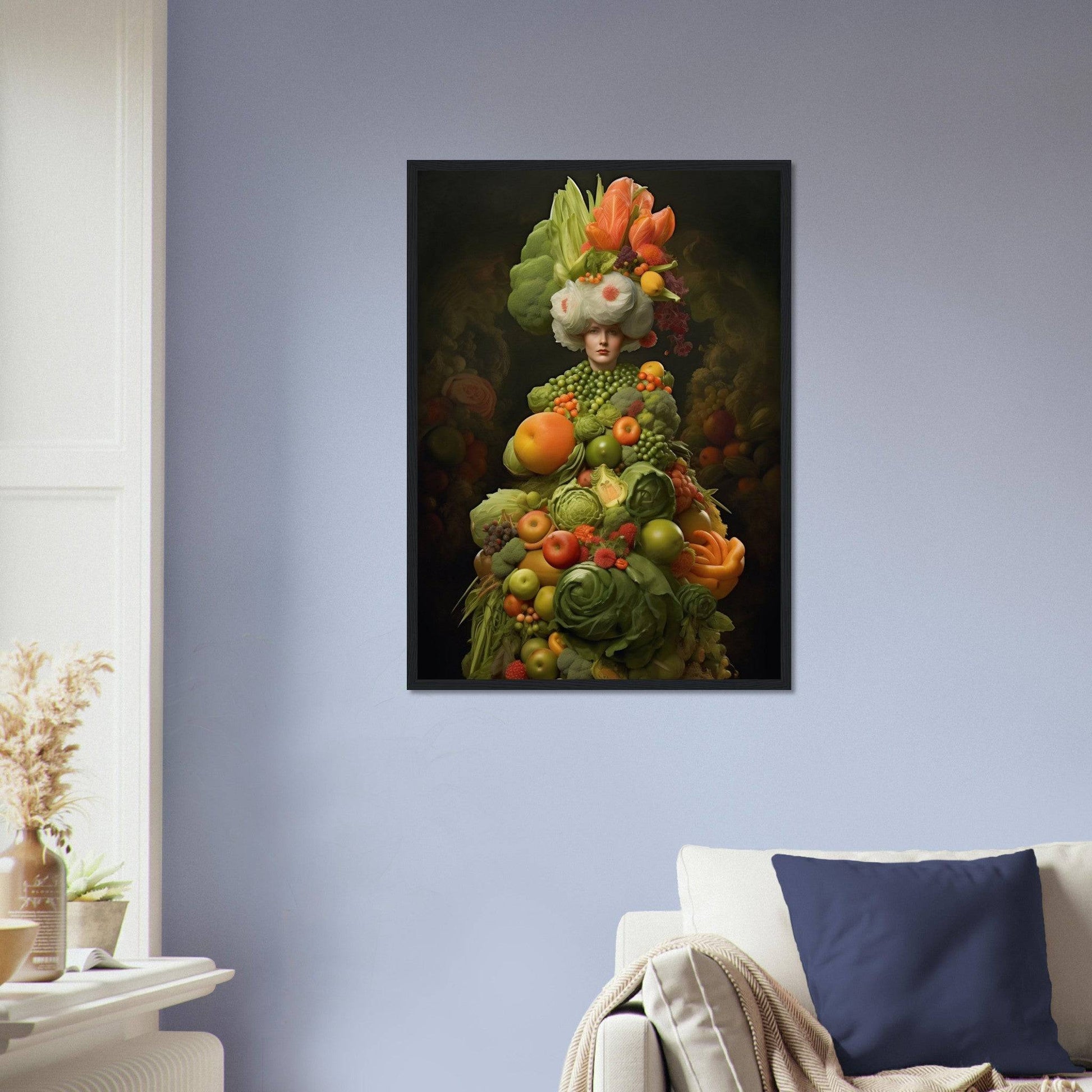 Surreal portrait composed entirely of colorful fruits and vegetables arranged to form a human-like figure.