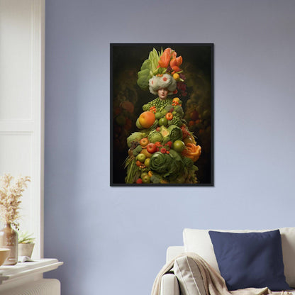 Surreal portrait composed entirely of colorful fruits and vegetables arranged to form a human-like figure.