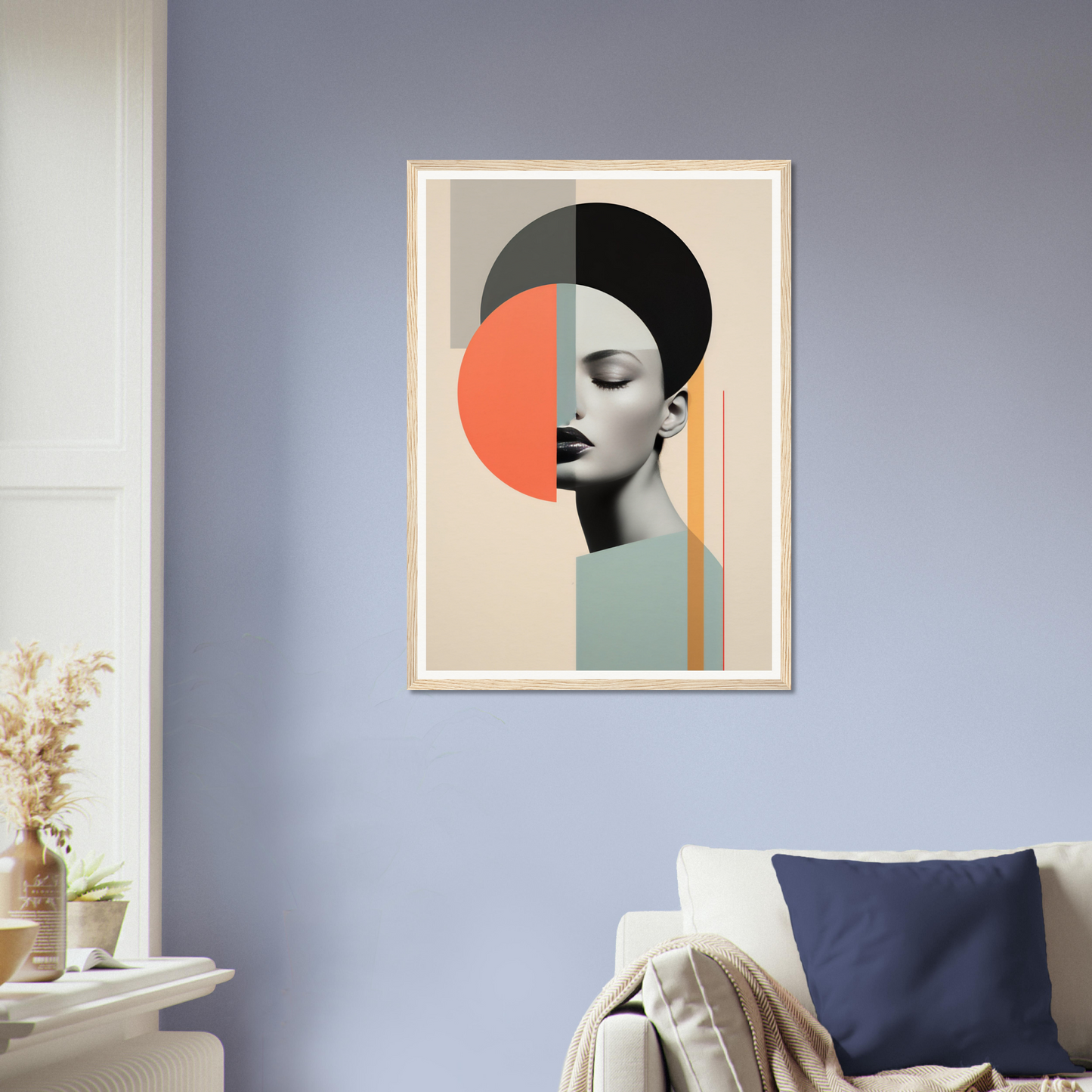 Abstract portrait artwork featuring geometric shapes and a stylized face profile.