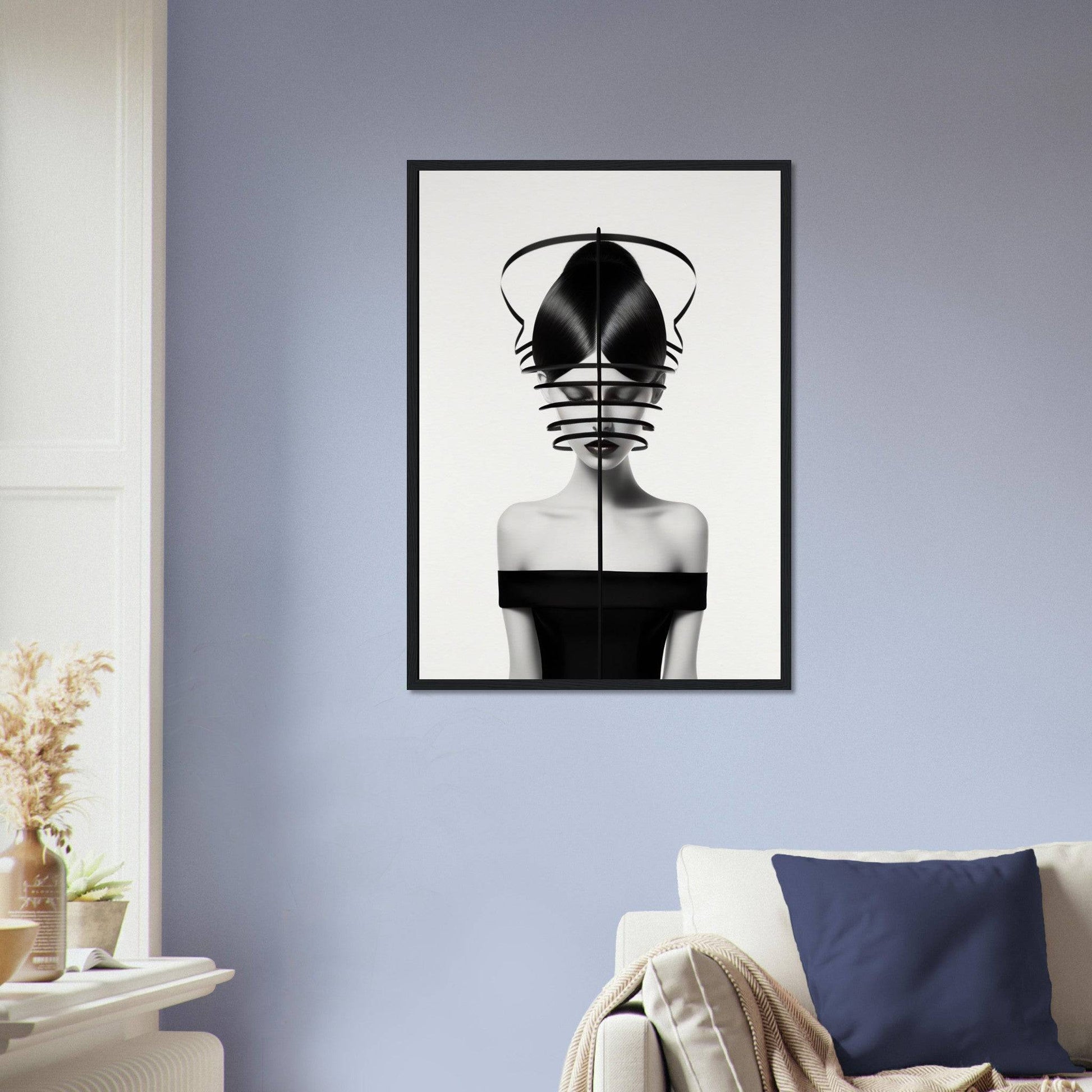 Black and white framed artwork depicting a surreal, abstract female figure with an elongated headdress.