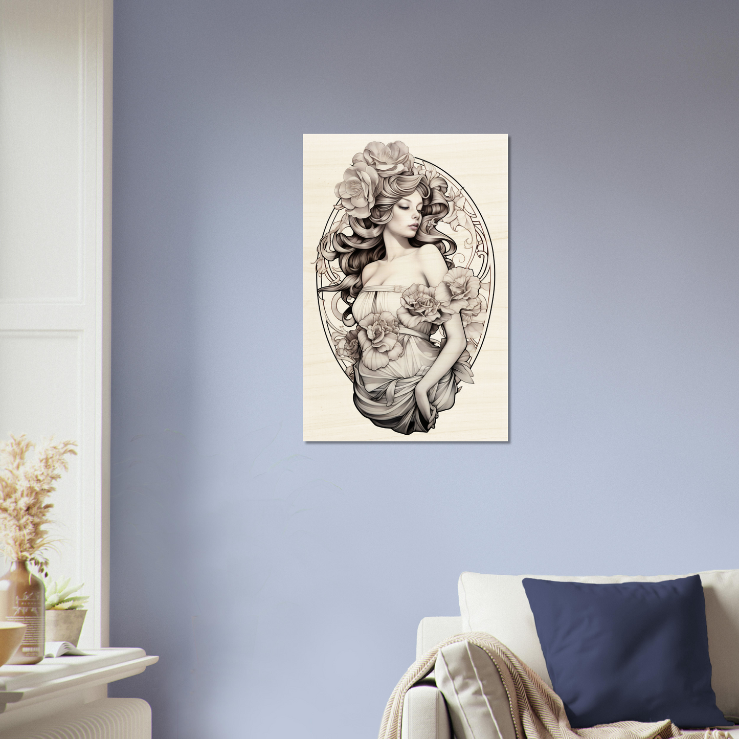 Vintage-style illustration of a woman with flowing hair and flowers in an oval frame, displayed as wall art.