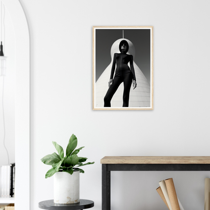 Black and white photograph of a silhouetted figure in a dramatic pose, framed on a wall.