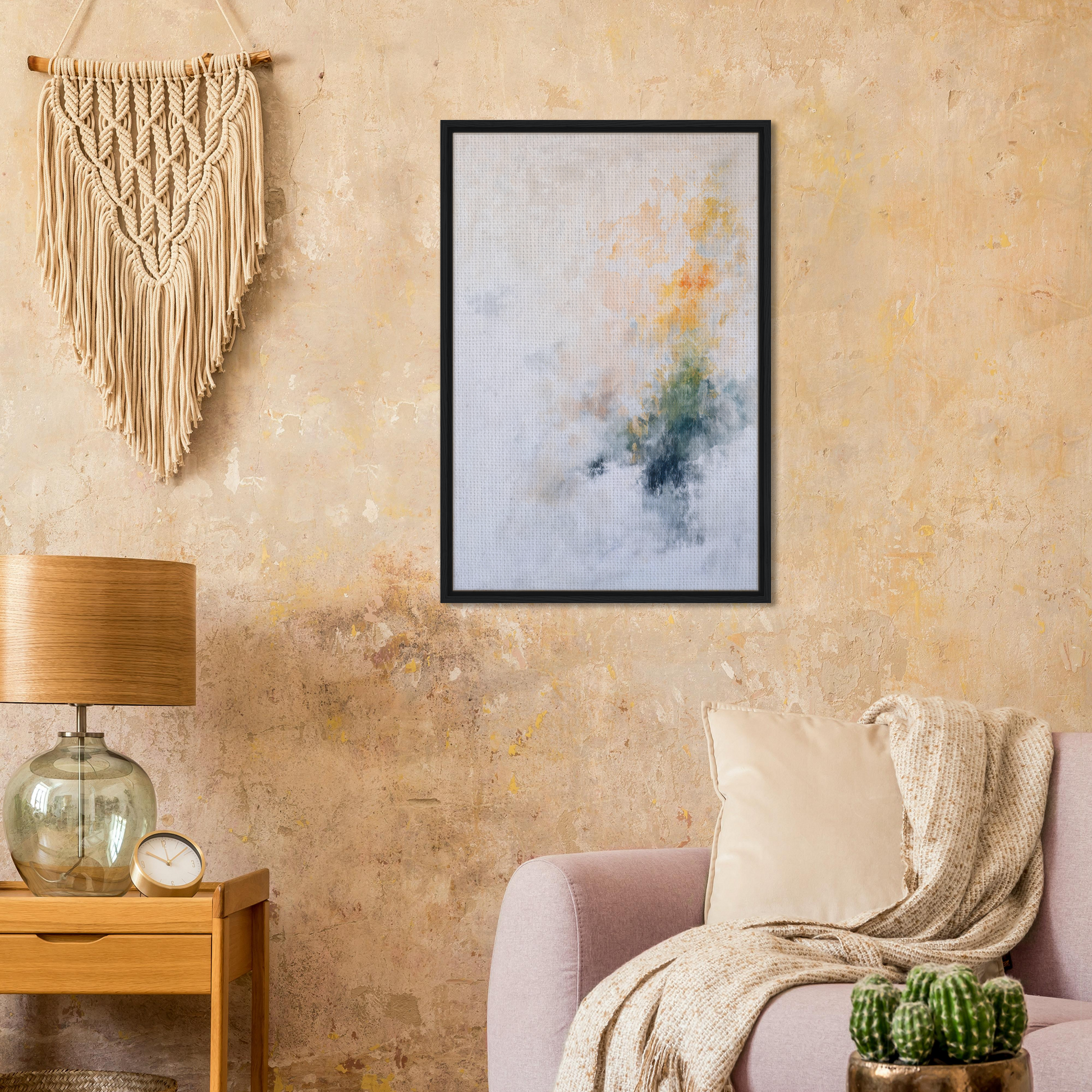 Cozy living room corner featuring bohemian decor with Flowing Dreams Surrender artwork