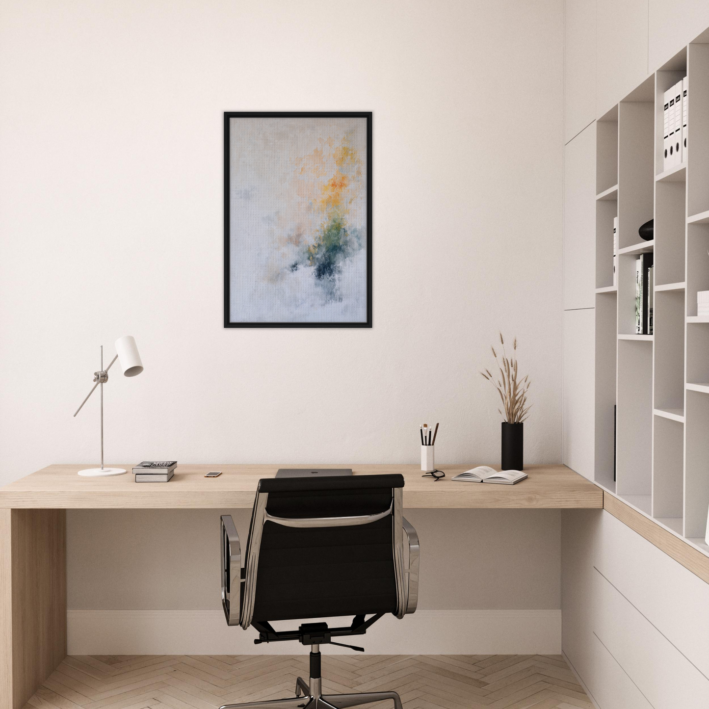 Minimalist home office with Flowing Dreams Surrender framed canvas print and wooden desk