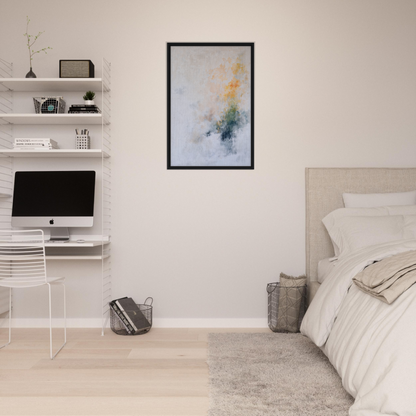 Minimalist bedroom featuring Flowing Dreams Surrender room decor with white walls and shelves