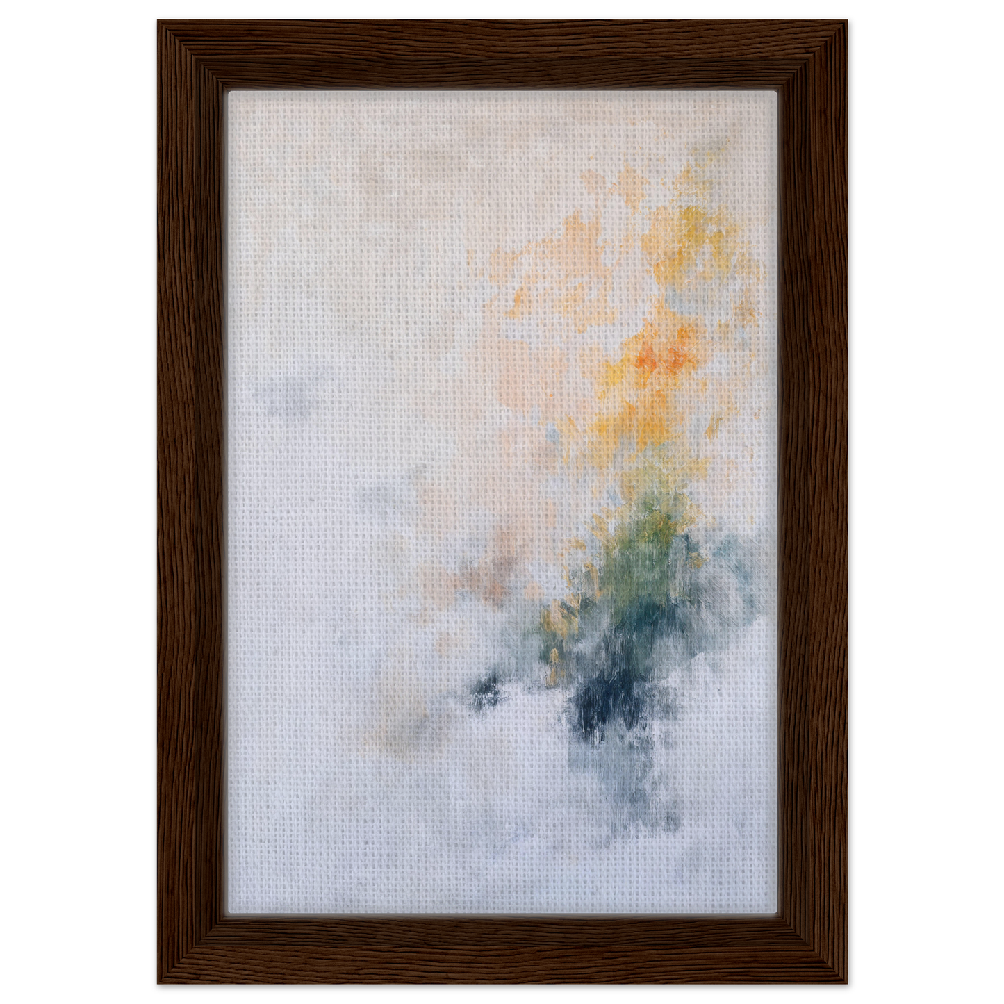 Abstract painting in soft yellow, blue, and gray tones, Flowing Dreams Surrender framed canvas print